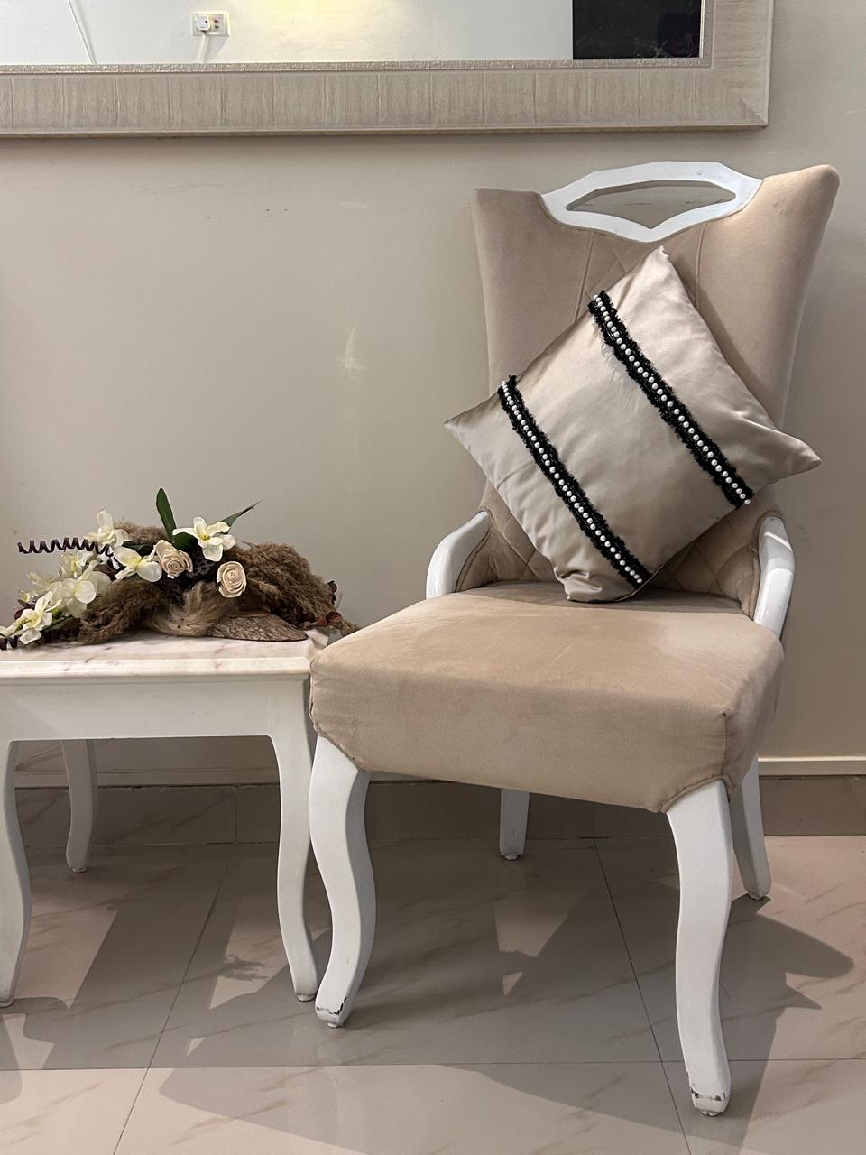 Creemoda Luxury Satin Lace & Pearl Cushion Cover – Beige Designer Pillow – 16x16 Inch