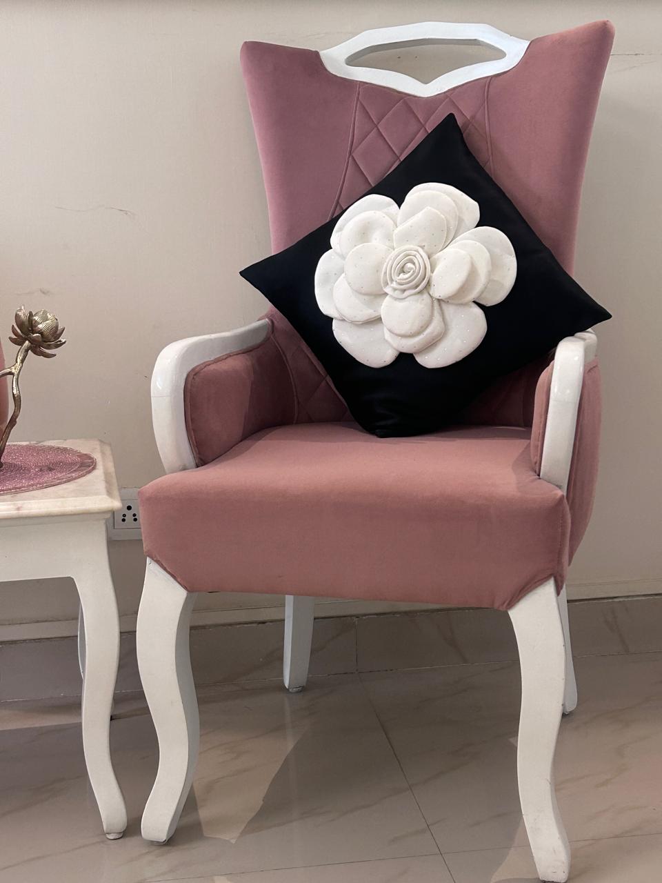 Creemoda Set of 2 Black Satin Cushion Cover 16 X 16 Inch with White 3D Flower and Stone Studded