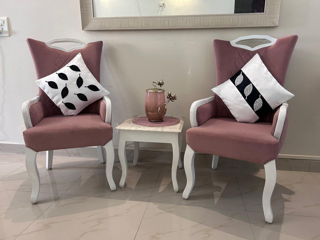 Creemoda White Satin Set of 2 Cushion Cover 16 x 16 Inch  With Handmade Sparkling Bead Leaf
