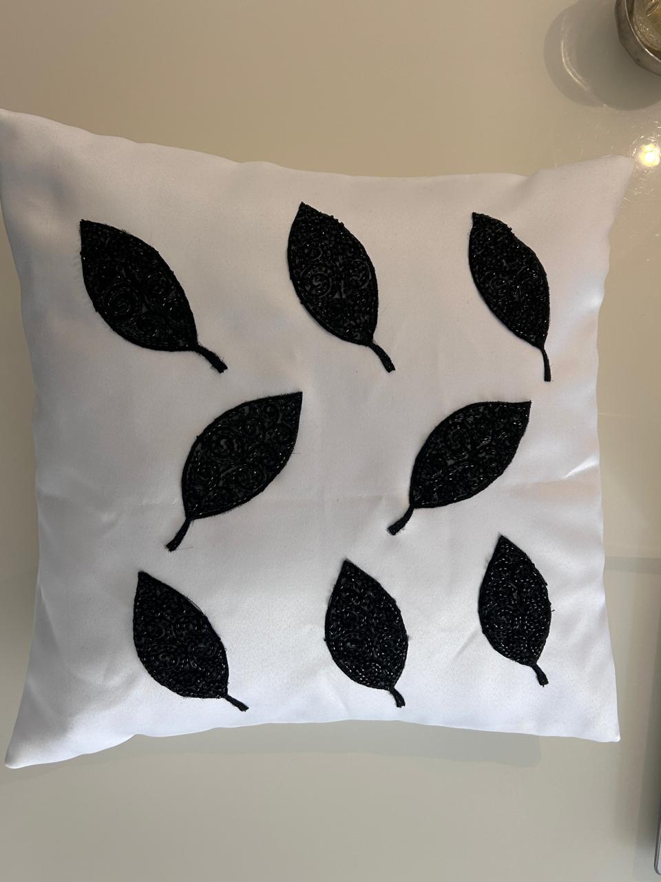 Creemoda White Satin Set of 2 Cushion Cover 16 x 16 Inch  With Handmade Sparkling Bead Leaf