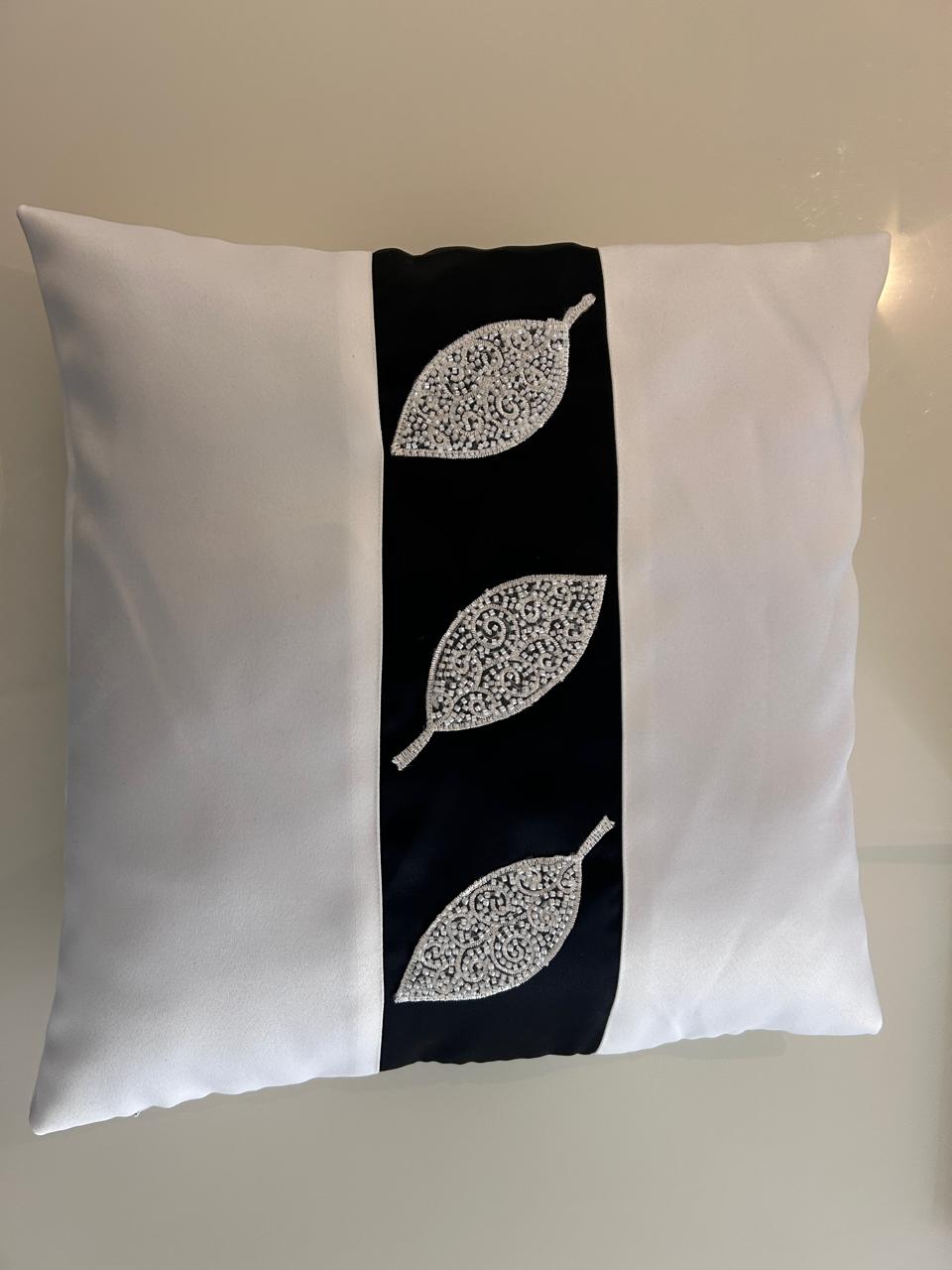 Creemoda White Satin Set of 2 Cushion Cover 16 x 16 Inch  With Handmade Sparkling Bead Leaf