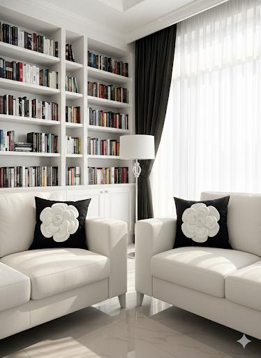Creemoda Black Satin Cushion Cover with 3D White Flower & Stone Detail – 16x16 Inch Luxury Decorative Pillow