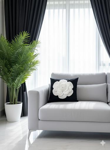 Creemoda Black Satin Cushion Cover with 3D White Flower & Stone Detail – 16x16 Inch Luxury Decorative Pillow