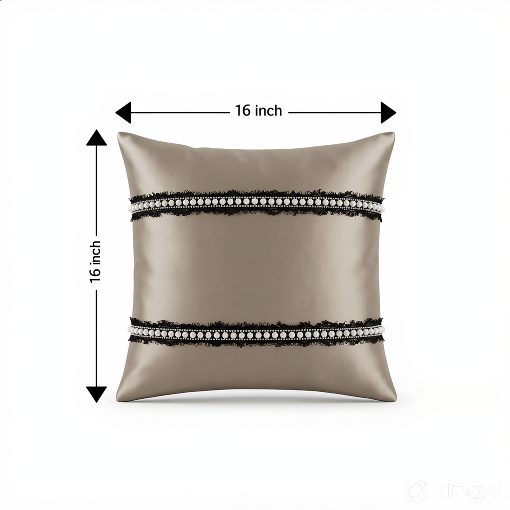 Creemoda Luxury Satin Lace & Pearl Cushion Cover – Beige Designer Pillow – 16x16 Inch