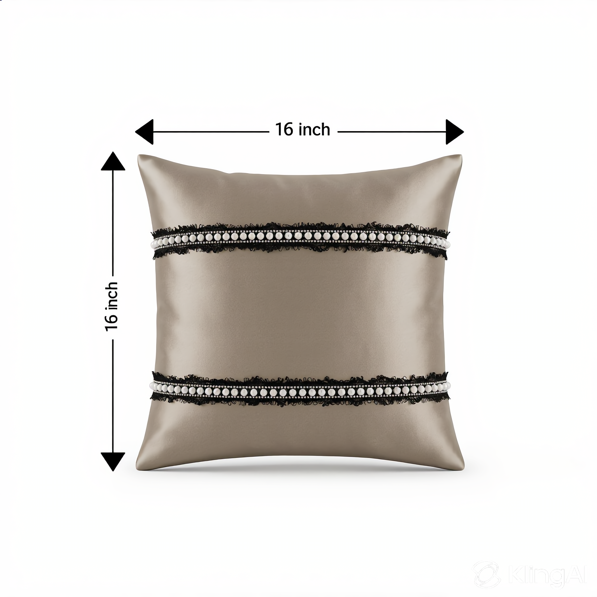 Creemoda Luxury Satin Lace & Pearl Cushion Cover – Beige Designer Pillow – 16x16 Inch