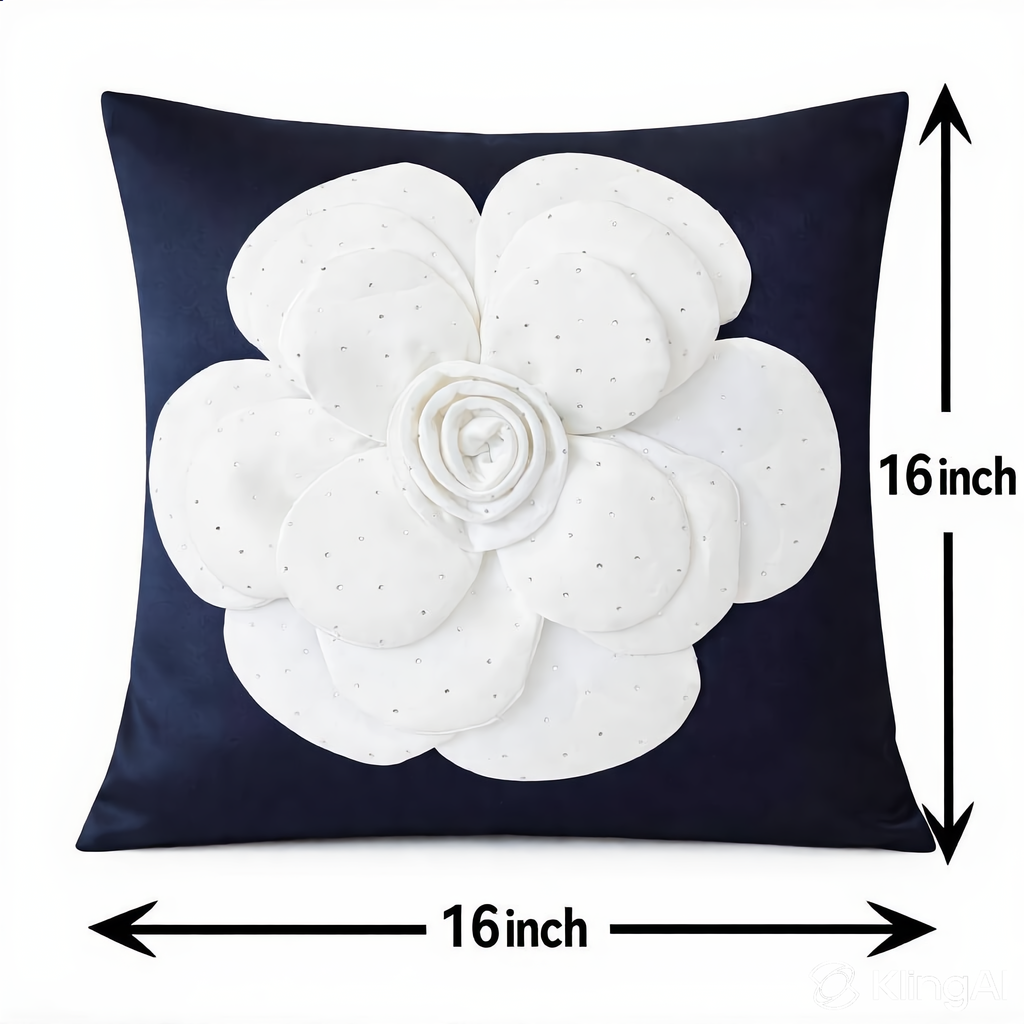 Creemoda Black Satin Cushion Cover with 3D White Flower & Stone Detail – 16x16 Inch Luxury Decorative Pillow