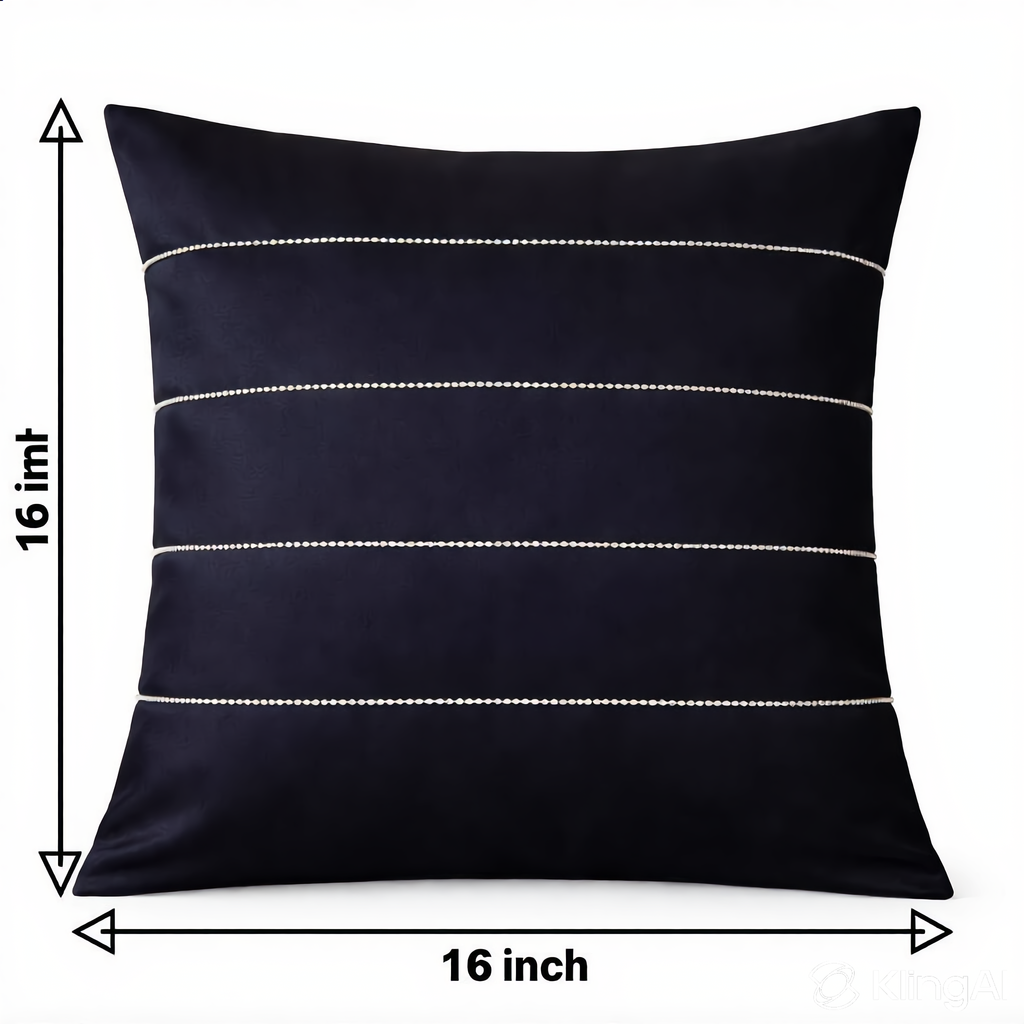 Creemoda Black Satin Cushion Cover with Silver Stripe Stone Detail – 16x16 Inch Luxury Decorative Pillow