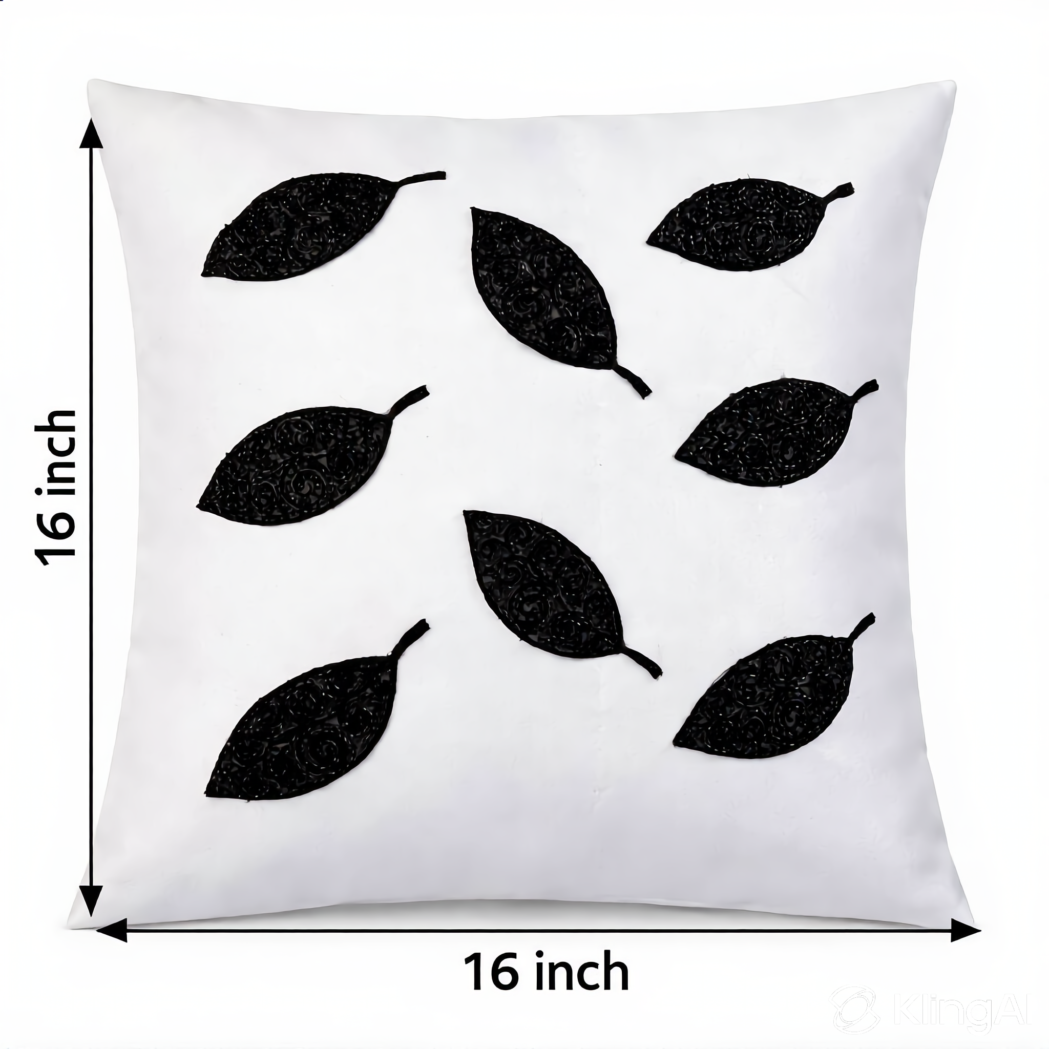 Creemoda White Satin Cushion Cover with Handmade 8 Cut Dana Sparkling Beaded Leaf 16 X 16 Inch