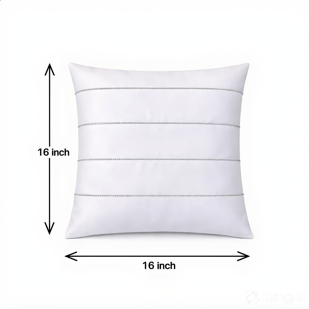 Creemoda White Satin Cushion Cover with Silver Stripe Stone Detail – 16x16 Inch Luxury Decorative Pillow