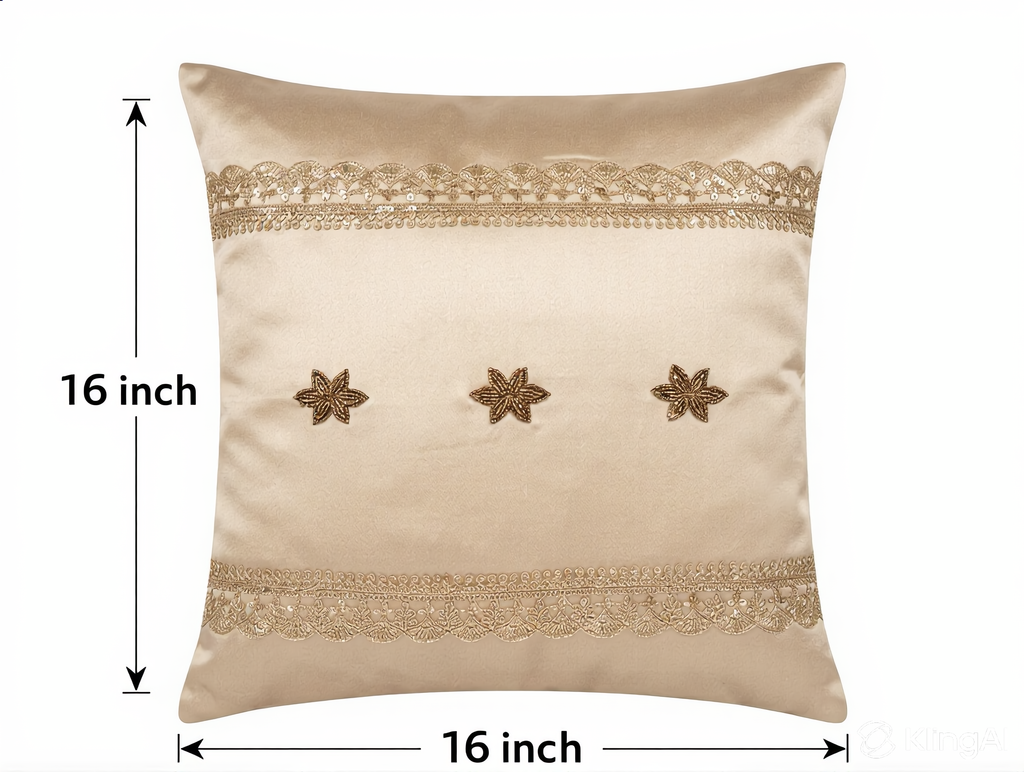 Creemoda Beige Satin Decorative Cushion 16x16in Luxury Pillow with with Golden Lace and Buti Flower