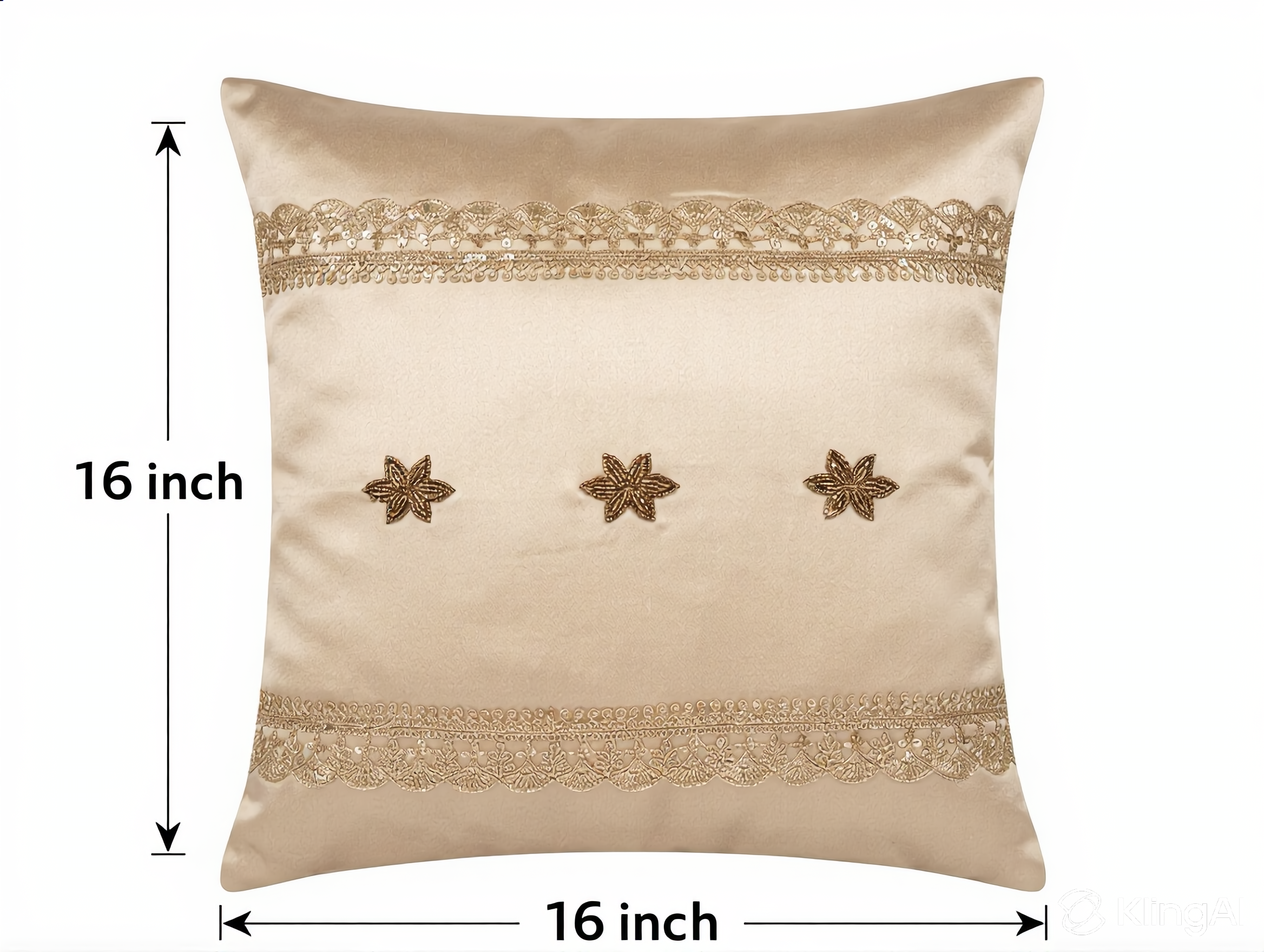 Creemoda Beige Satin Decorative Cushion 16x16in Luxury Pillow with with Golden Lace and Buti Flower