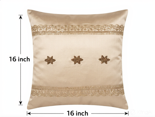 Creemoda Beige Satin Decorative Cushion 16x16in Luxury Pillow with with Golden Lace and Buti Flower