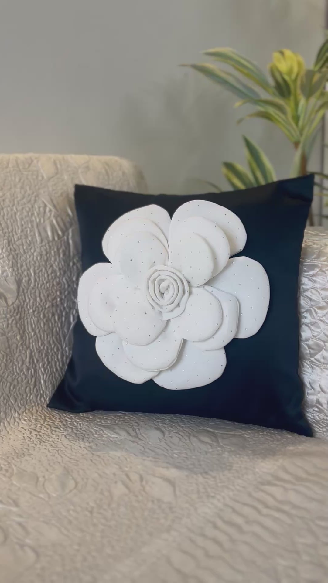 Creemoda Black Satin Cushion Cover with 3D White Flower & Stone Detail – 16x16 Inch Luxury Decorative Pillow