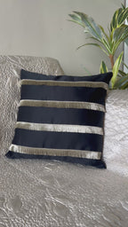 Creemoda Black Satin Cushion Cover with Golden Flare Ribbon  16 X 16 Inch