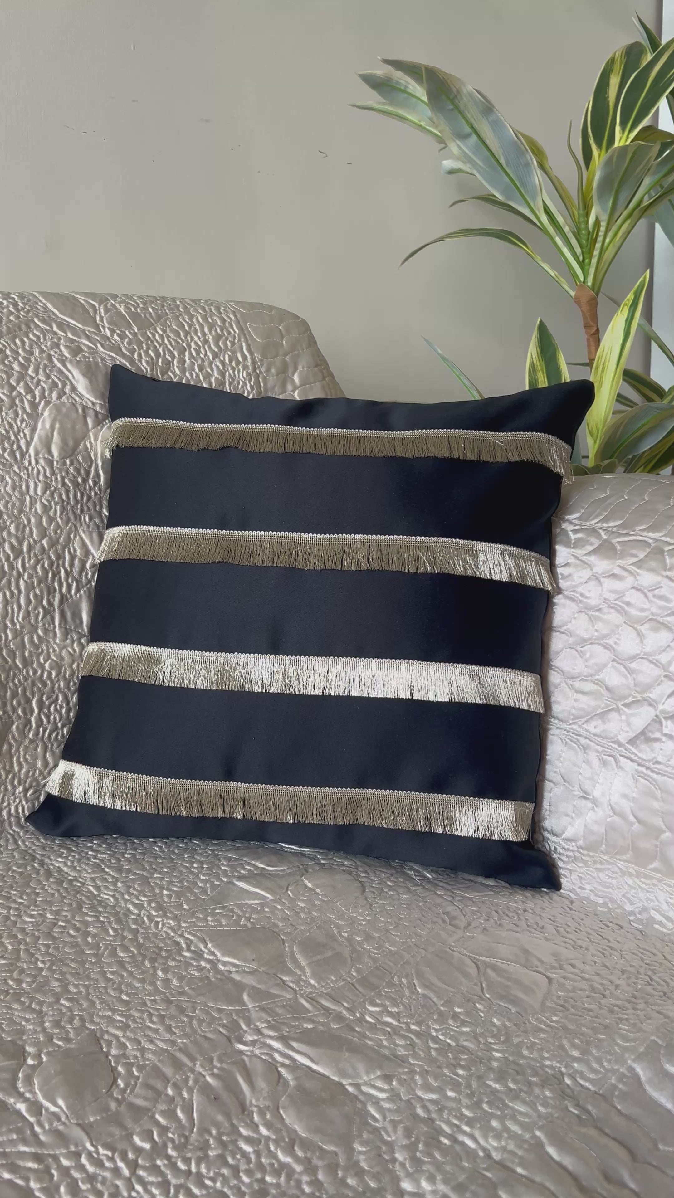 Creemoda Black Satin Cushion Cover with Golden Flare Ribbon  16 X 16 Inch