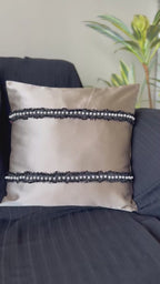 Creemoda Luxury Satin Lace & Pearl Cushion Cover – Beige Designer Pillow – 16x16 Inch