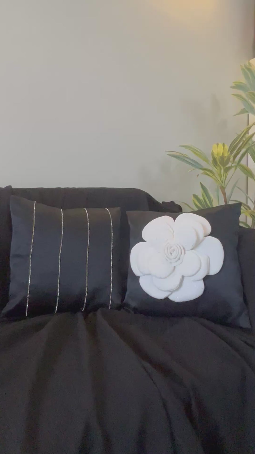 Creemoda Set of 2 Black Satin Cushion Cover 16 X 16 Inch with White 3D Flower and Stone Studded