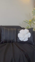 Creemoda Set of 2 Black Satin Cushion Cover 16 X 16 Inch with White 3D Flower and Stone Studded